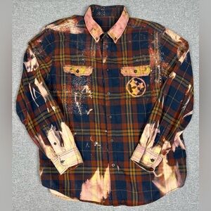 Bleached Flannel Shirt Mens XL Blue Brown Plaid Tennessee‎ Tri Star Logo Grunge